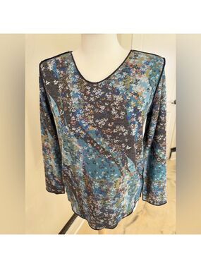 Trisha Tyler Abstract Floral Top XS Teal Brown Stretch Knit Long Sleeve
